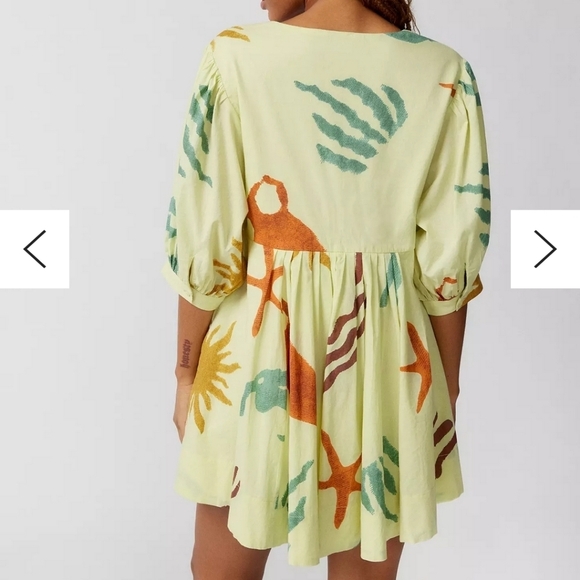 Ecote UO  Vero Shapeless Babydoll V-Neck Mini Dress Medium Yellow Abstract Print - Picture 4 of 10